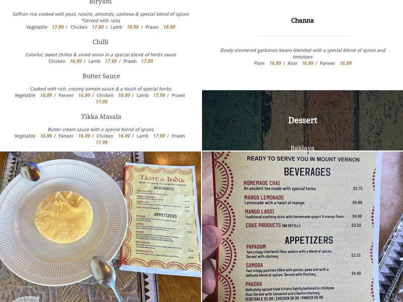 Taste of India Menu