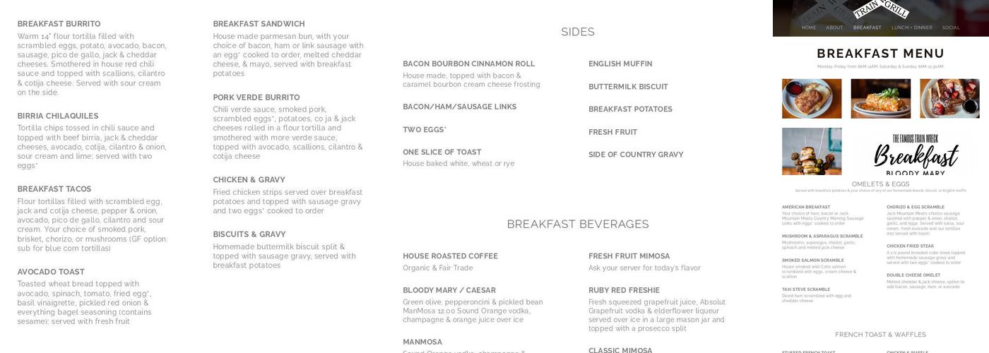 Train Wreck Bar & Grill Menu