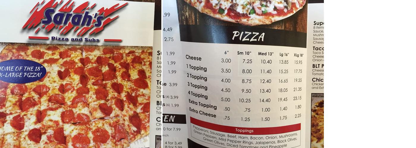 Sarah's Pizza Menu