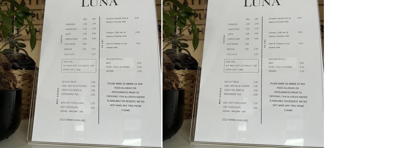 Luna Coffee Menu