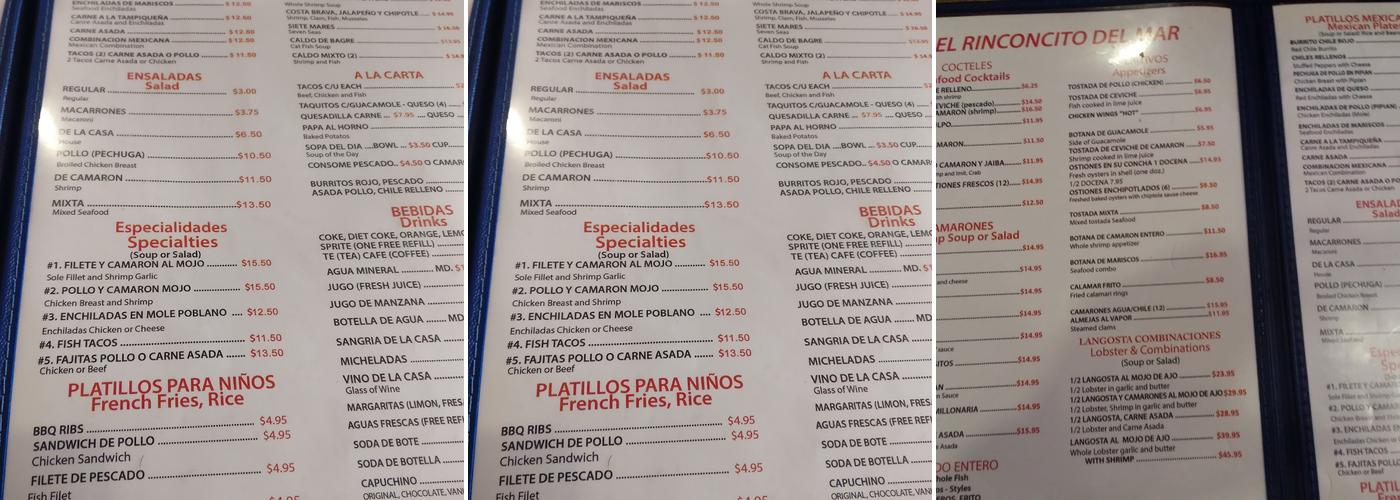 El Rinconcito Del Mar Menu