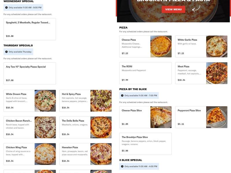 Brooklyn Pizza & Pasta Menu