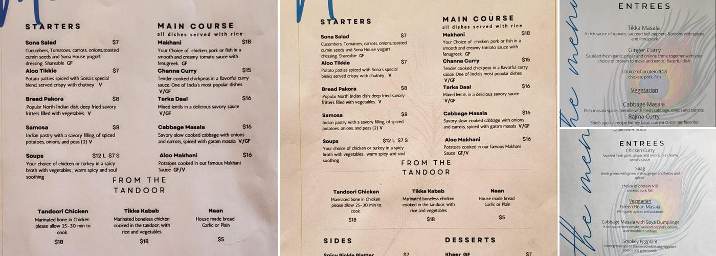 Sona Restaurant Menu