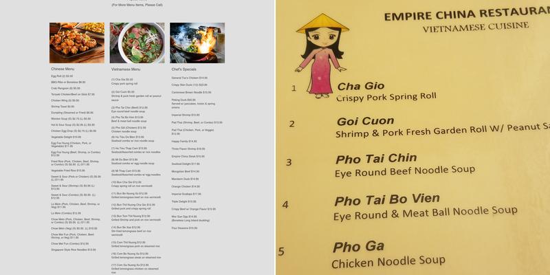 Empire China Menu