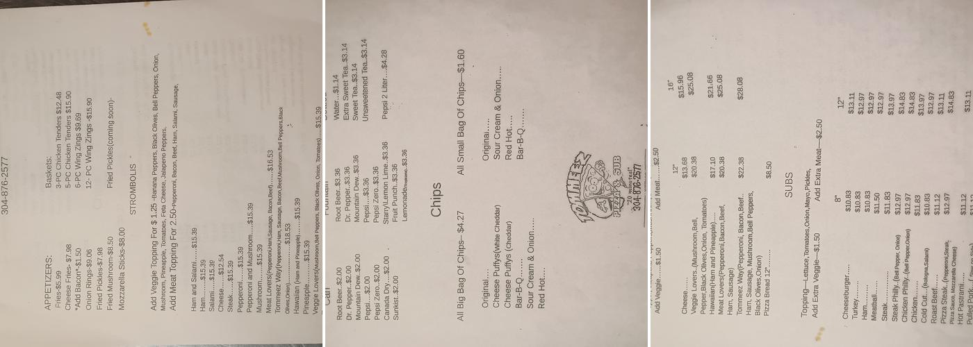 Tommeez Pizza & Sub Menu