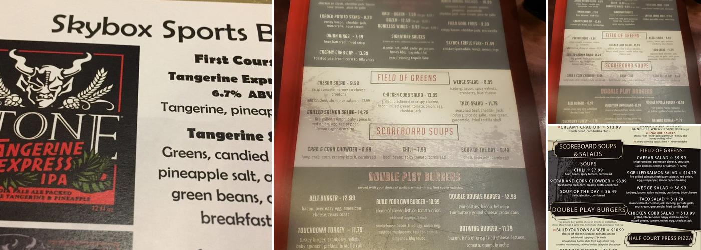 Skybox Sports Bar Menu