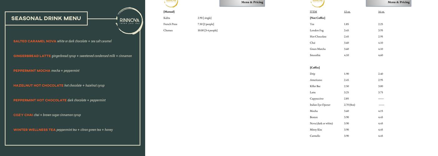 Rinnova Coffee Menu