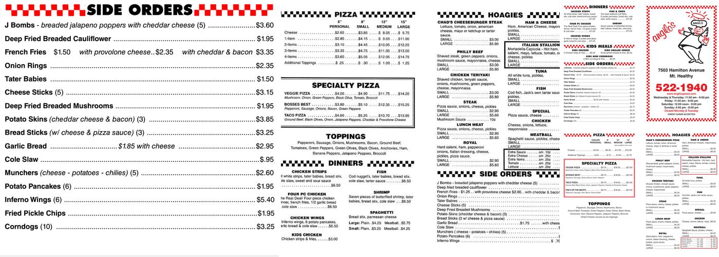 Angilo's Pizza Menu