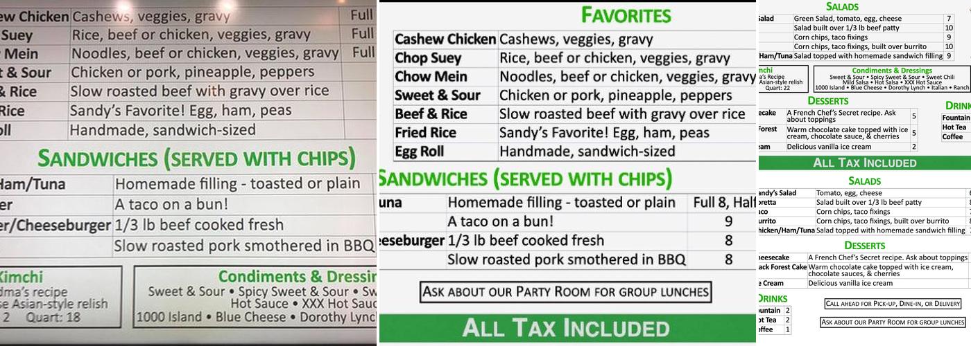 Sandy's Pantry Menu
