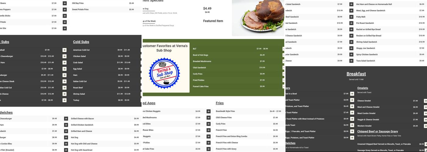 Verna's Sub Shop Menu
