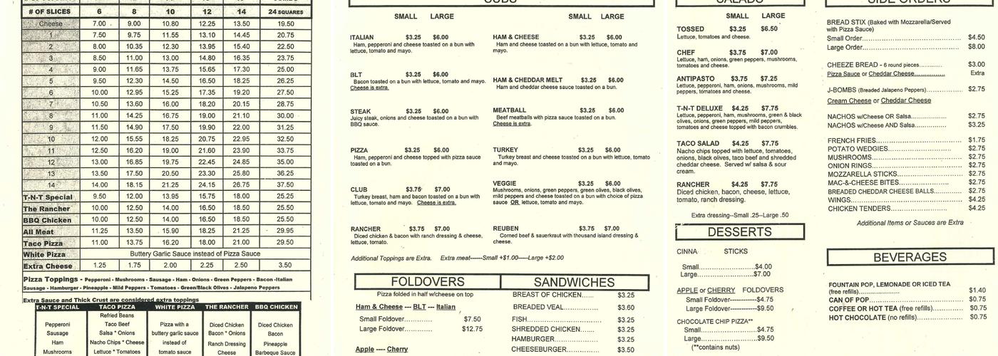 T-N-T Pizza Menu