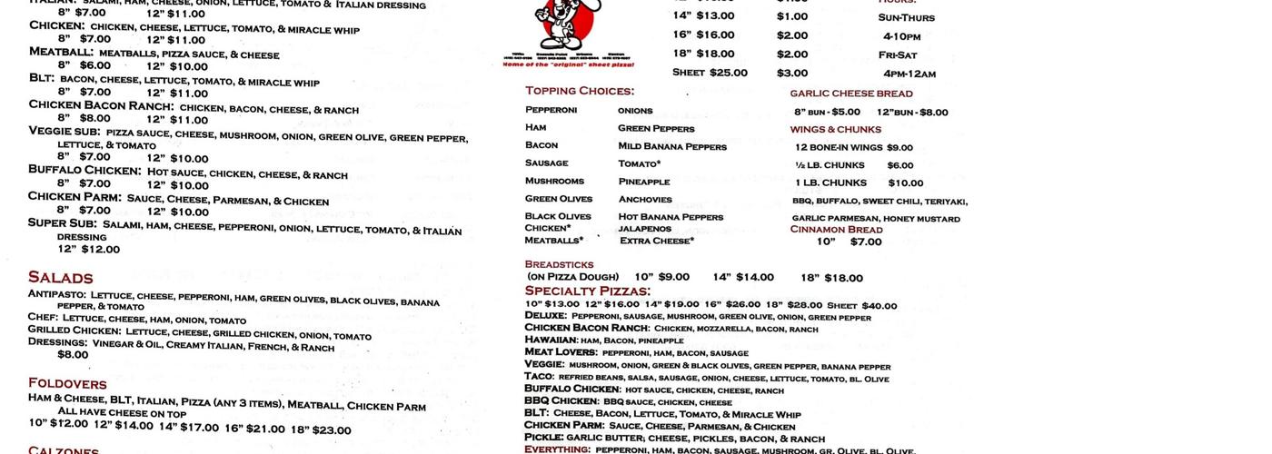 Jac & Do's Pizza Menu