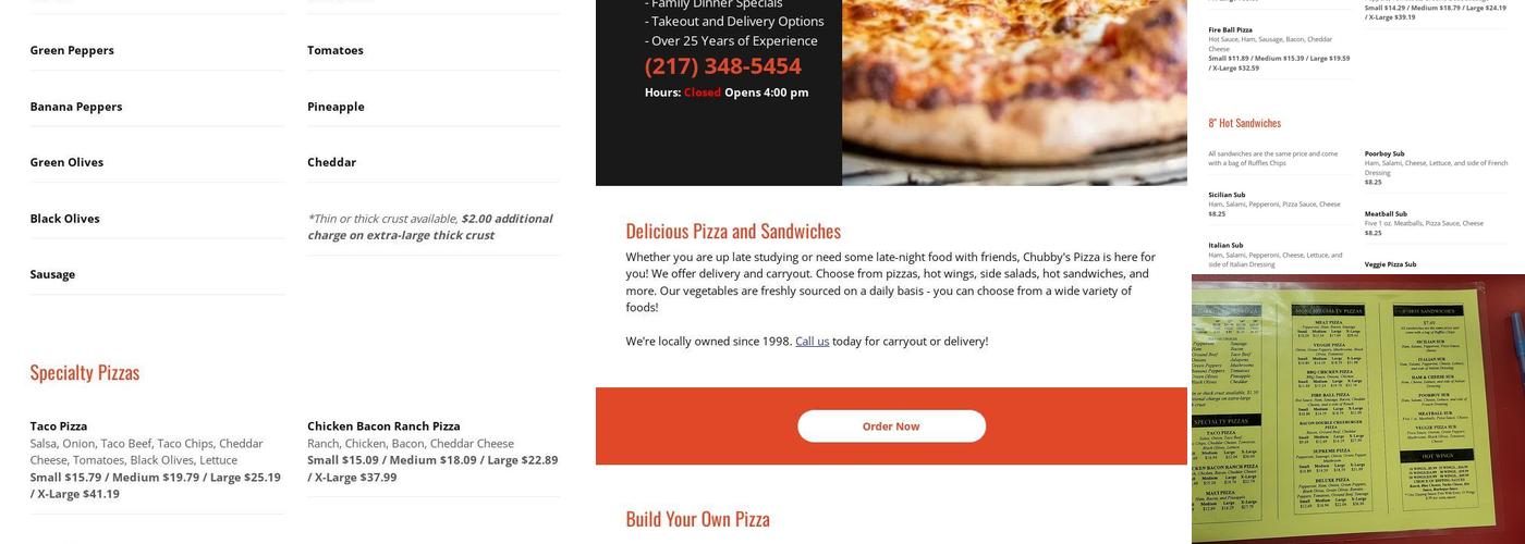 Chubby's Pizza Menu