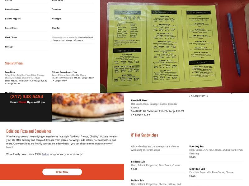Chubby's Pizza Menu