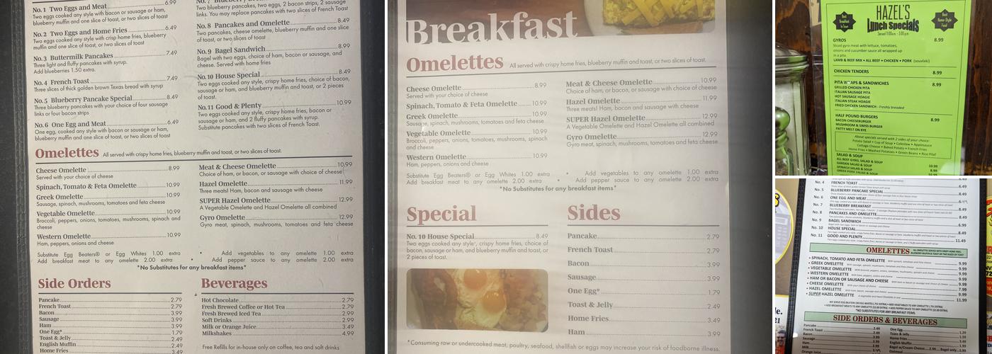 Hazel's Restaurant Menu