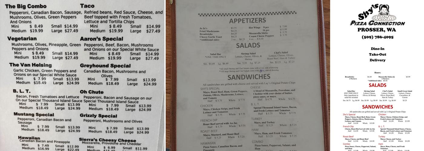 Shy's Pizza Connection Menu