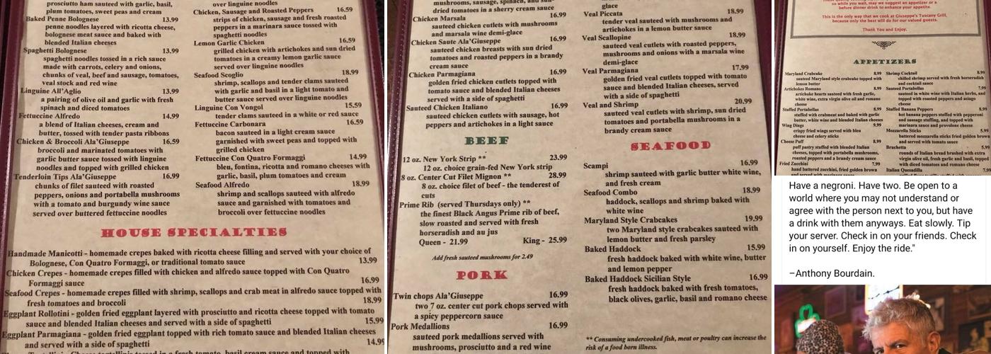 Giuseppe's Tuscany Grill Menu