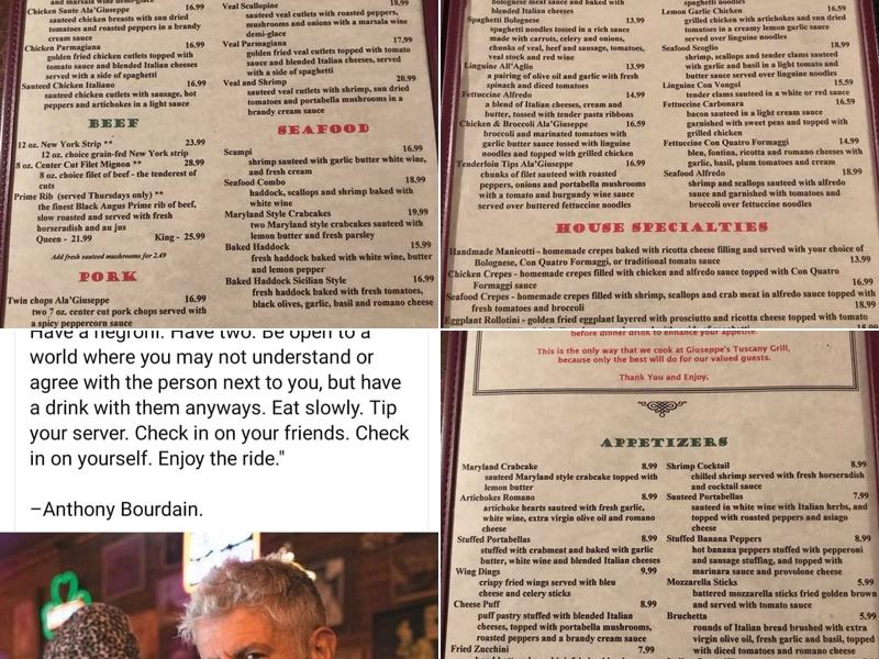 Giuseppe's Tuscany Grill Menu