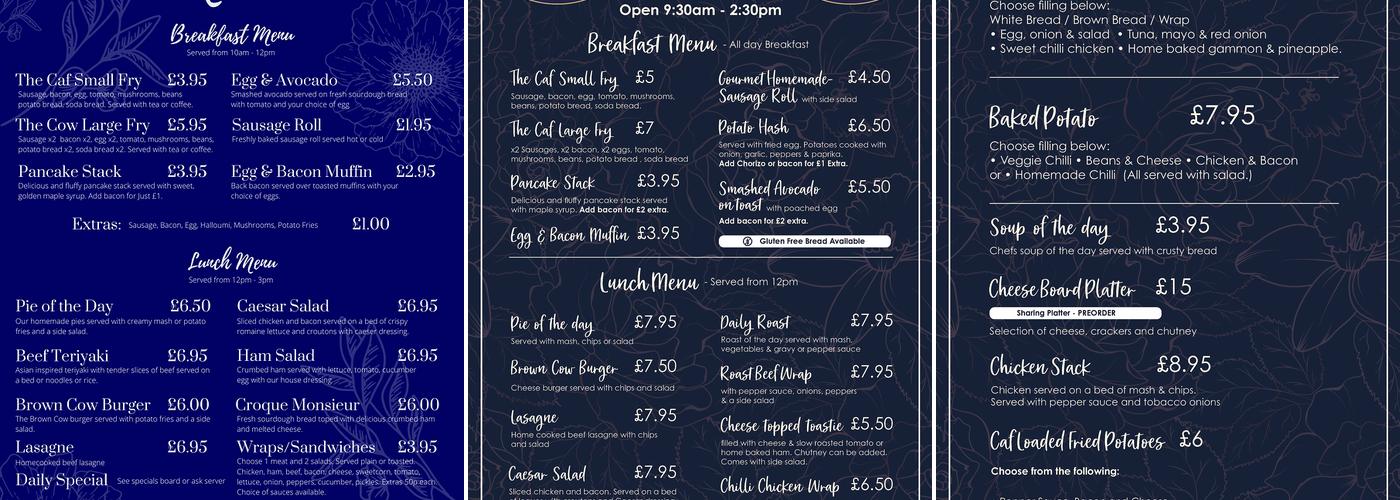 The Cow and Caf Menu