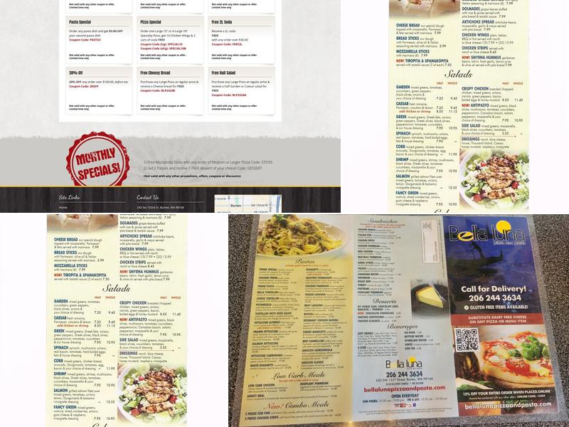 Bella Luna Pizza and Pasta Menu