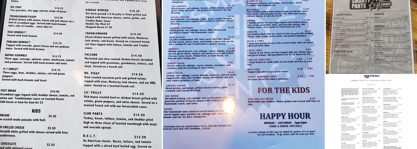 Smarty Pants Garage Menu