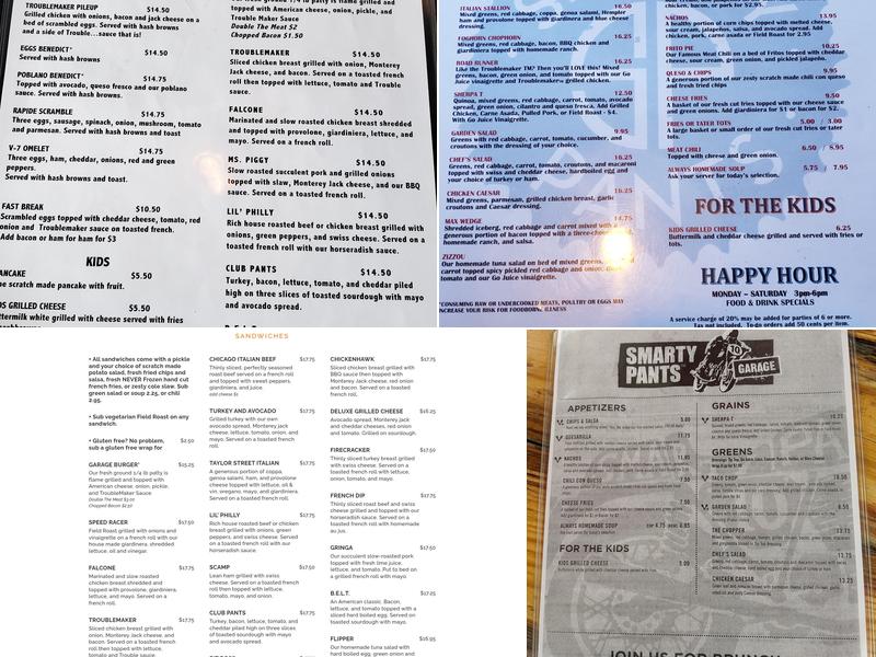 Smarty Pants Garage Menu