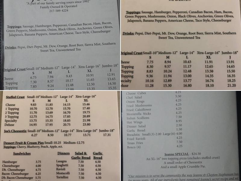 Joe's Pizza Menu