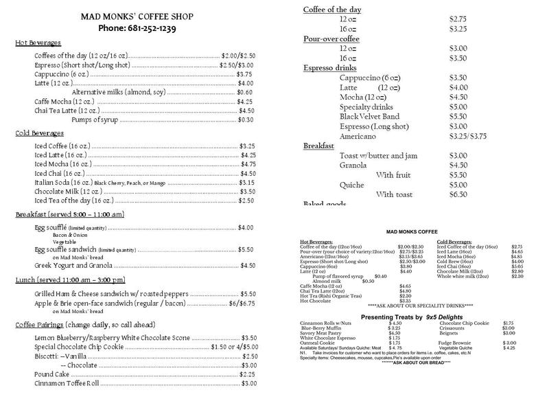 Mad Monks Coffee Shop Menu