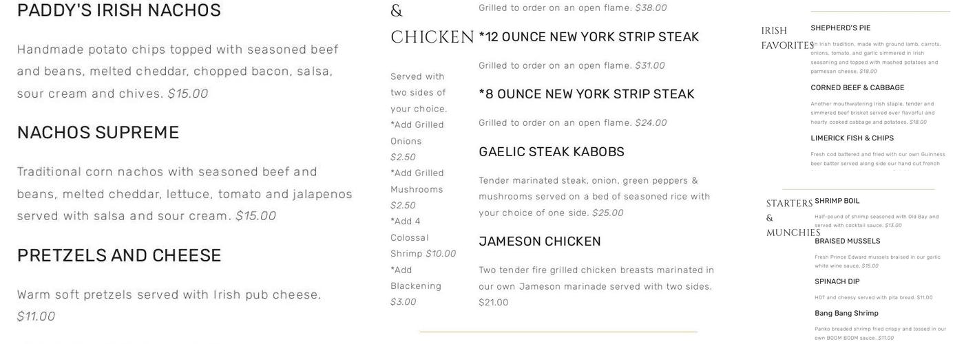 Paddy's Menu