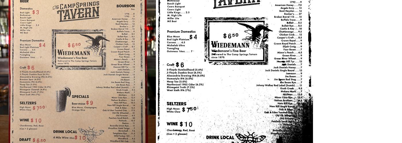 Camp Springs Tavern Menu