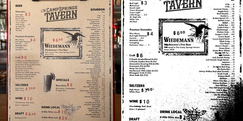 Camp Springs Tavern Menu
