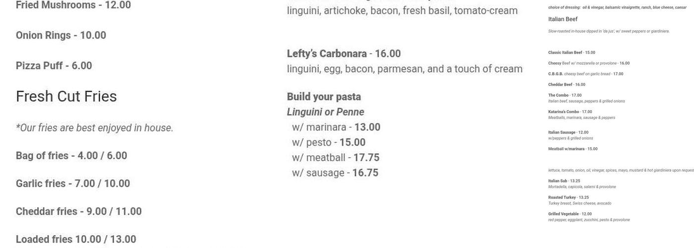 Lefty's Chicago Pizzeria Menu