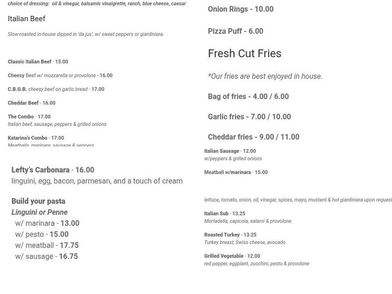 Lefty's Chicago Pizzeria Menu