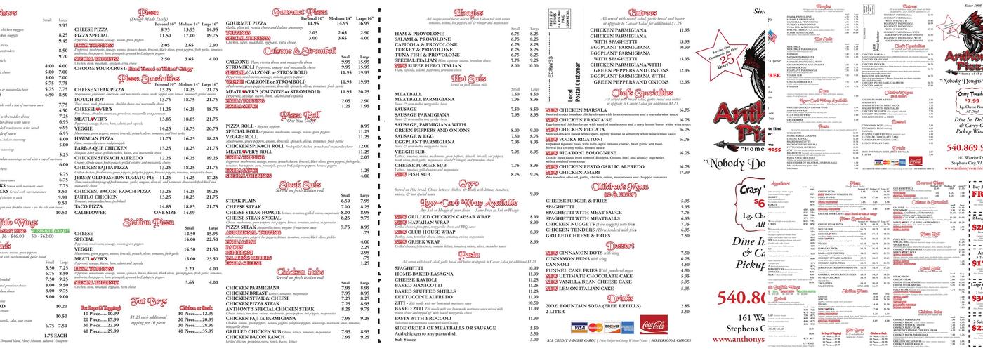 Anthony's Pizza III Menu