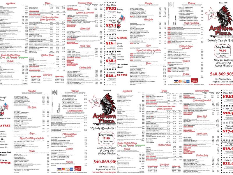 Anthony's Pizza III Menu