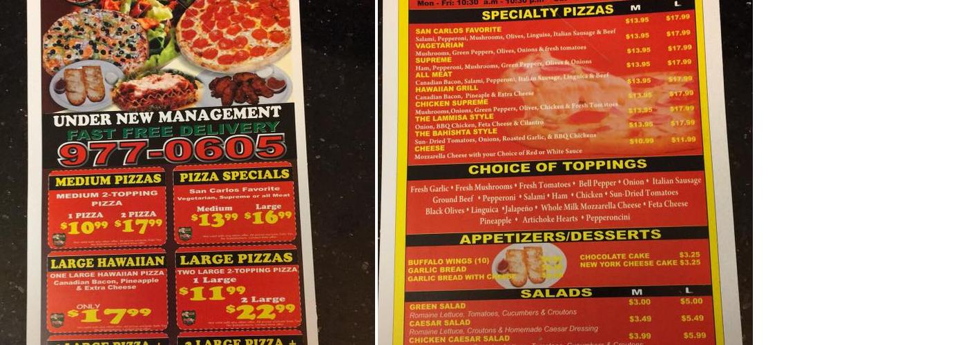 San Carlos Italian Pizza Menu