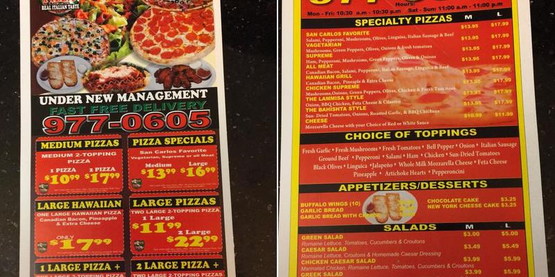 San Carlos Italian Pizza Menu