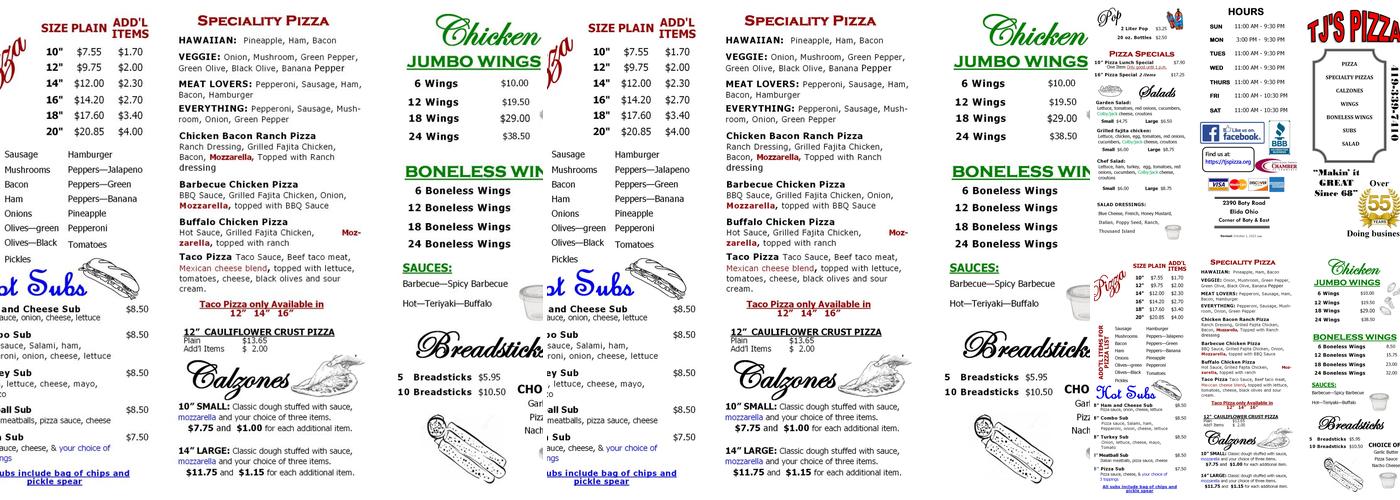 TJ'S Pizza Menu