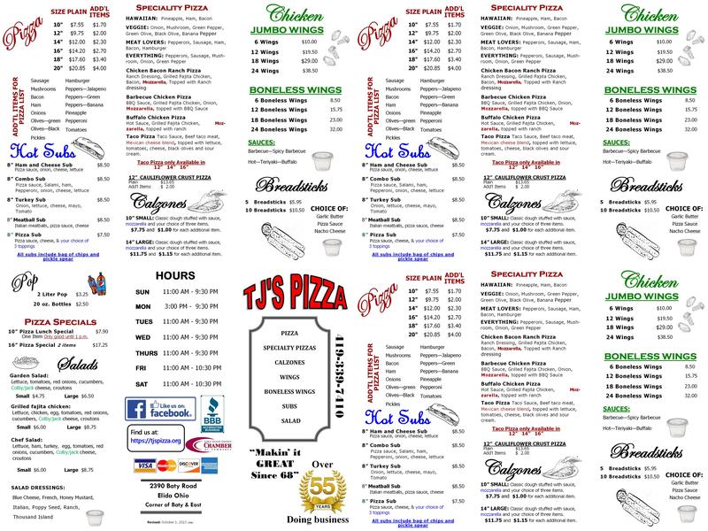 TJ'S Pizza Menu