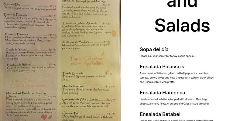 Picasso's Tapas Restaurant Menu