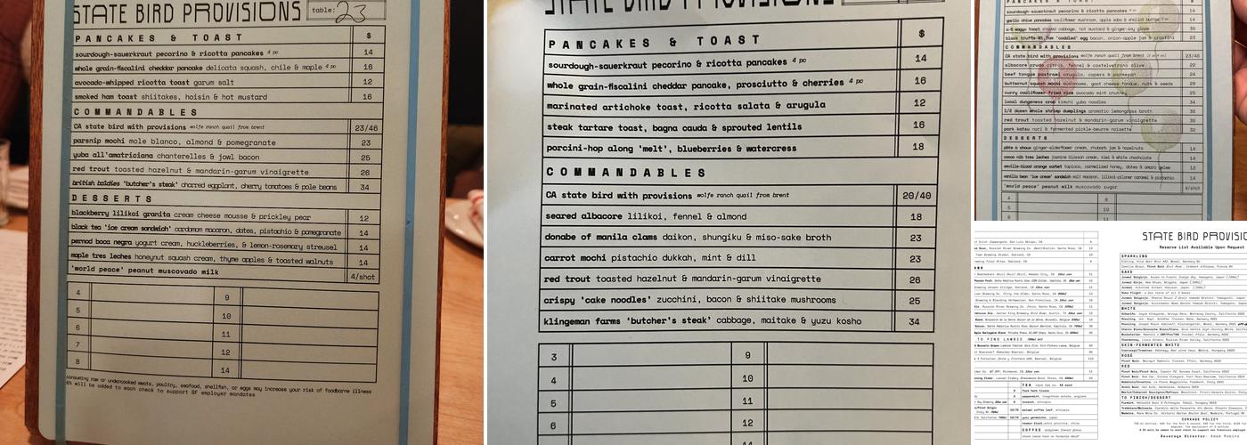 State Bird Provisions Menu