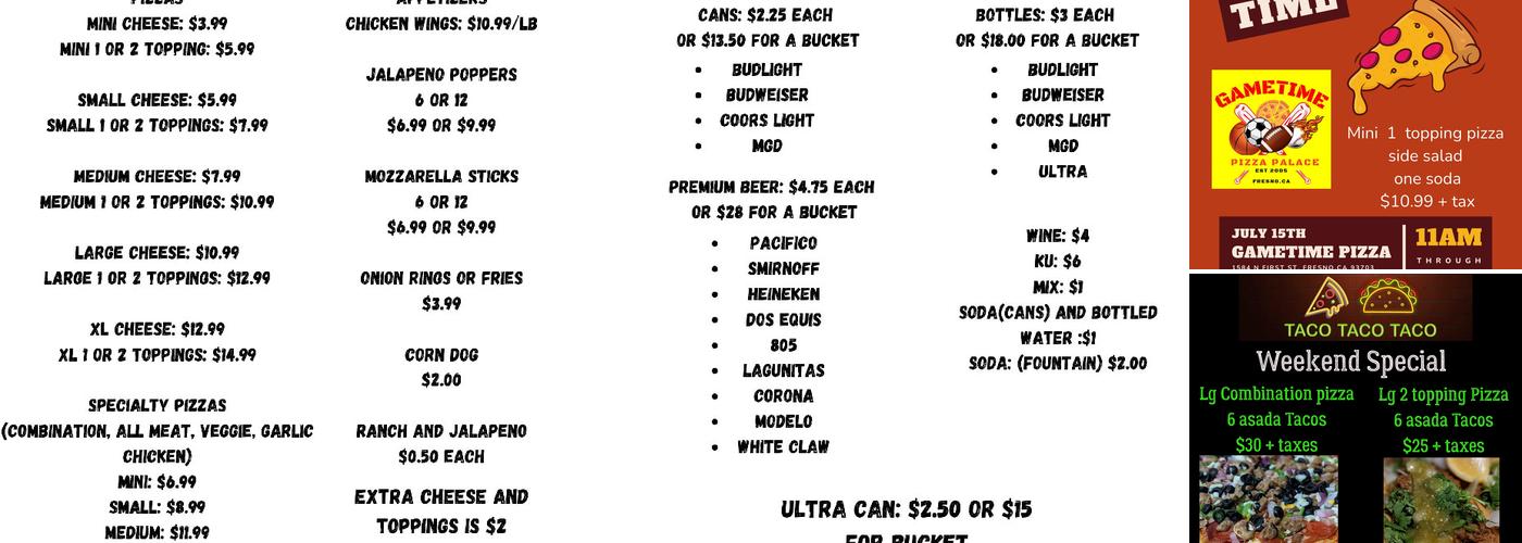Game Time Pizza Palace Menu