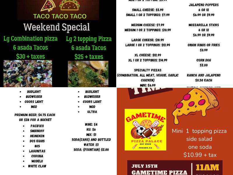 Game Time Pizza Palace Menu