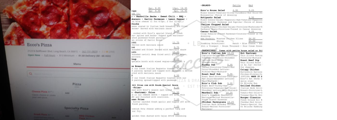 Ecco's Pizza and Draft House Menu