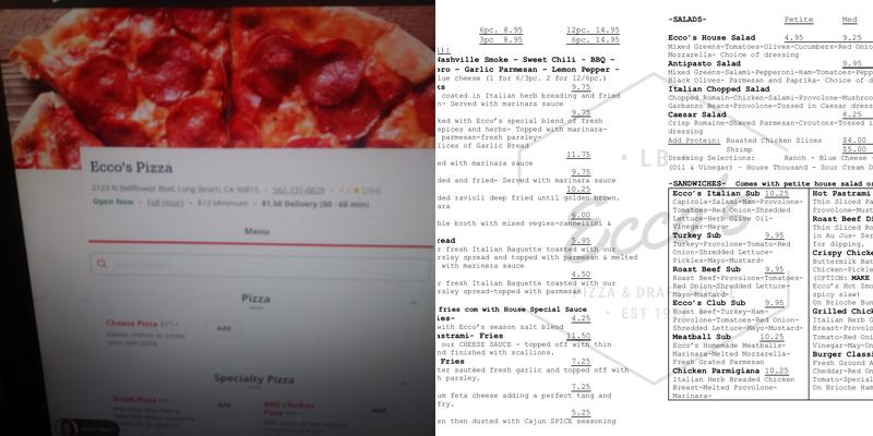 Ecco's Pizza and Draft House Menu