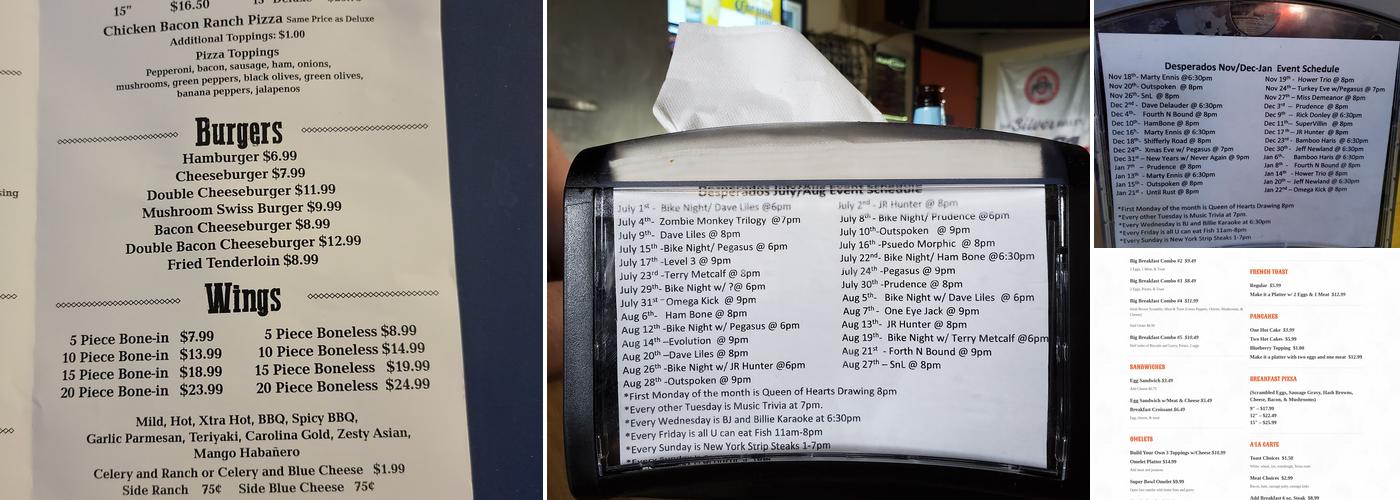 Desperado's Menu