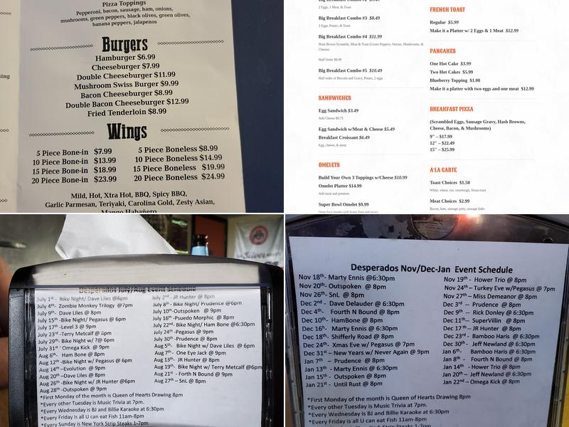 Desperado's Menu