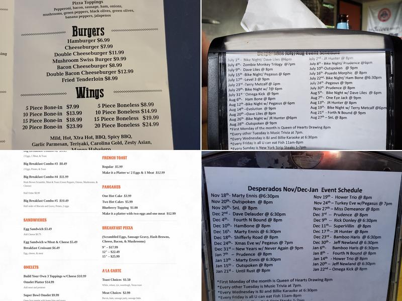 Desperado's Menu
