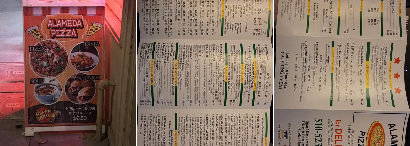 Alameda Pizza Menu