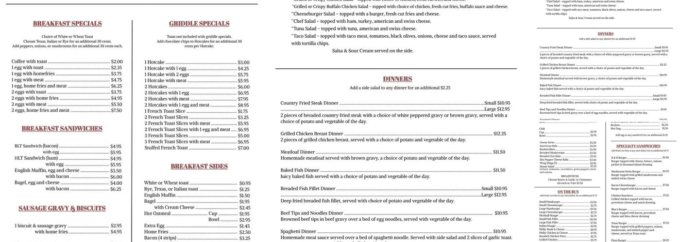 B & B Family Diner Menu